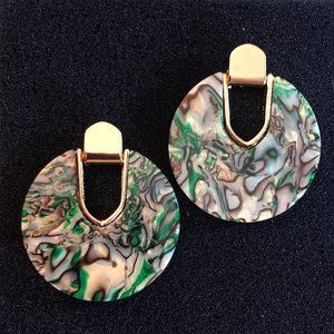 Big Doorknocker Earrings Resin Teal Faux Abalone Shell Gold  1.75”